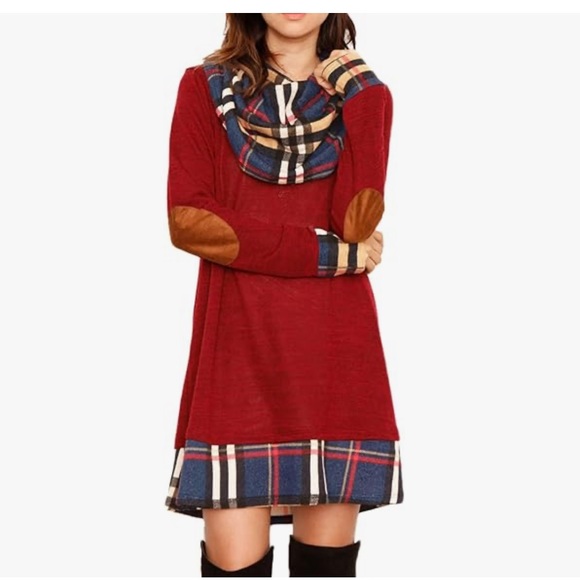 NWOT Women’s Cowl Neck Sweater Knit Tunic Dress Red/Plaid, Large - Picture 6 of 6